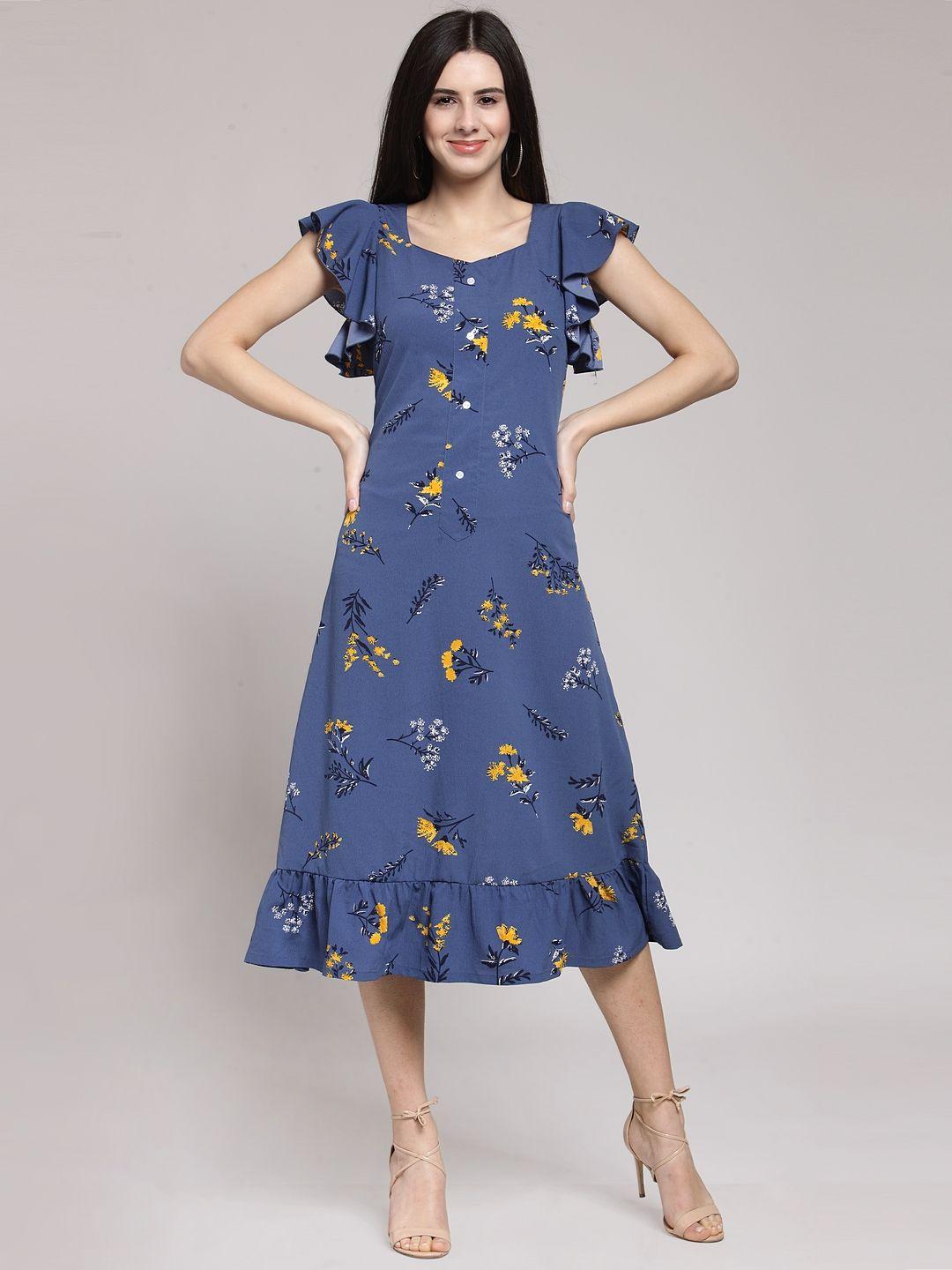 pluss women navy blue printed a-line dress