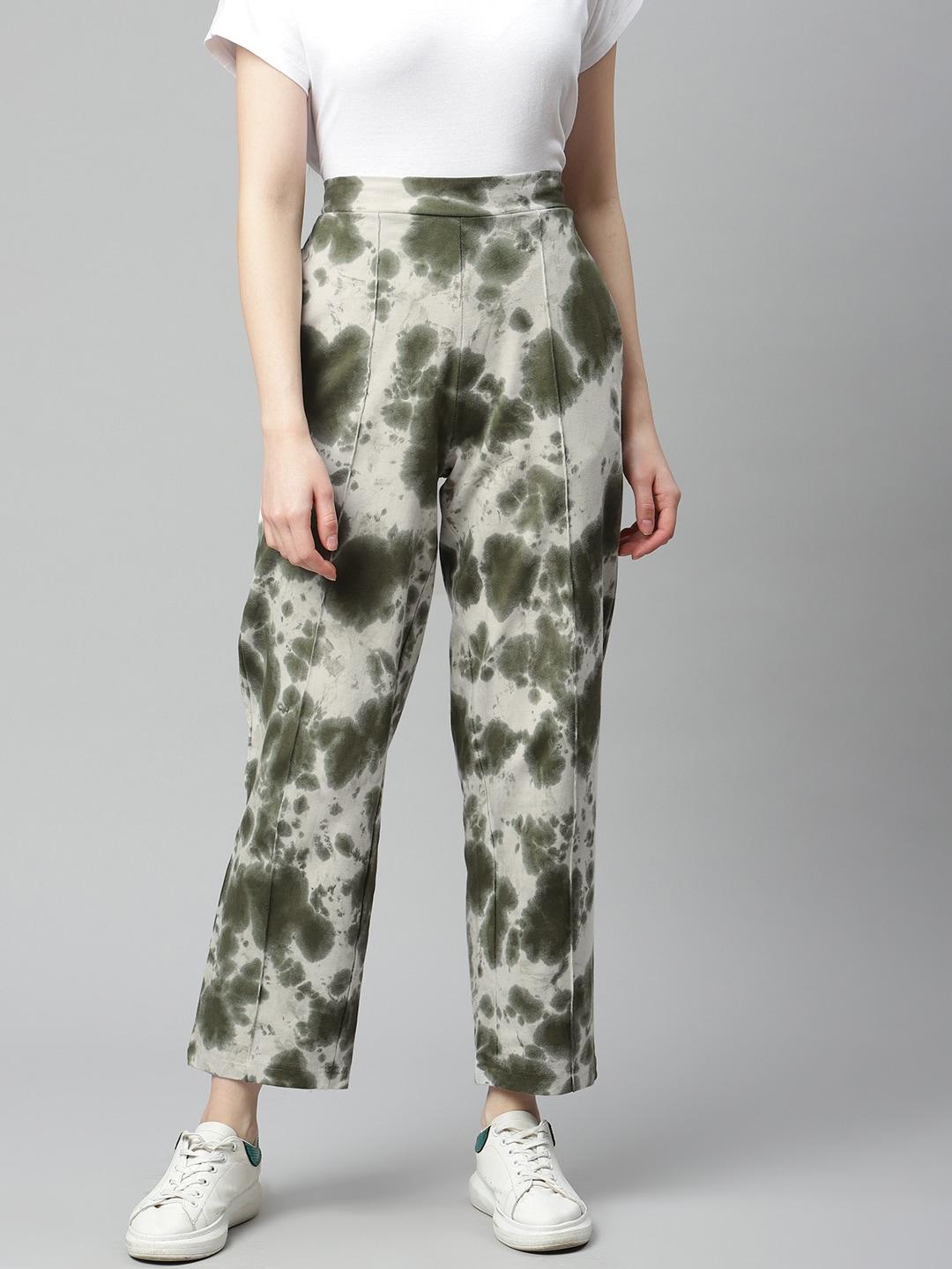 pluss women olive green & white tie & dye printed straight-fit pure cotton track pants