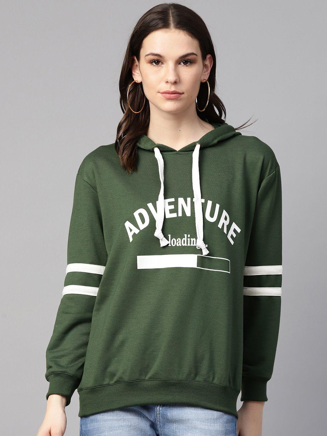 pluss women olive green & white typography print hooded sweatshirt