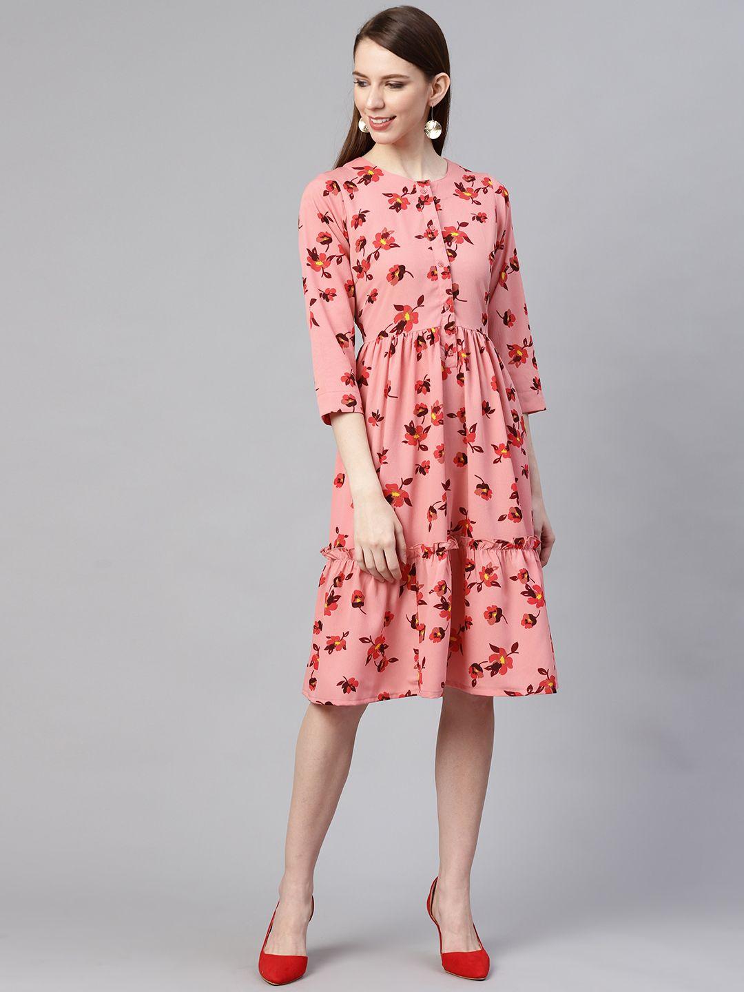 pluss women pink & red floral print tiered a-line dress