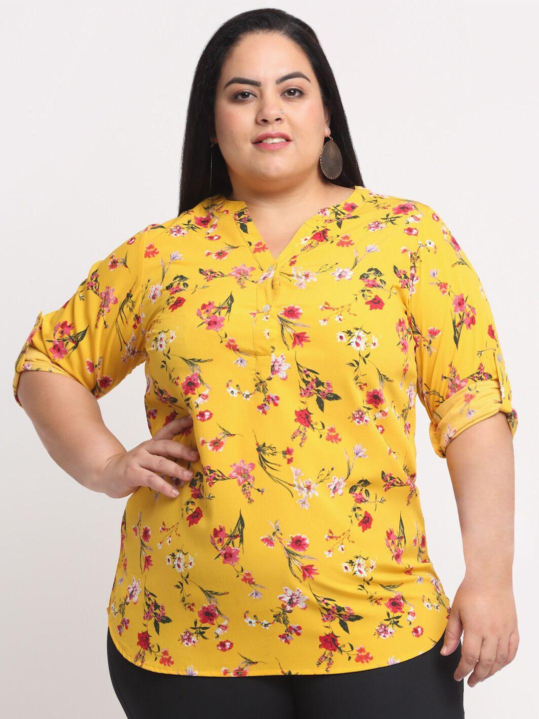 pluss women plus size mustard yellow & pink floral print collar roll-up sleeves top