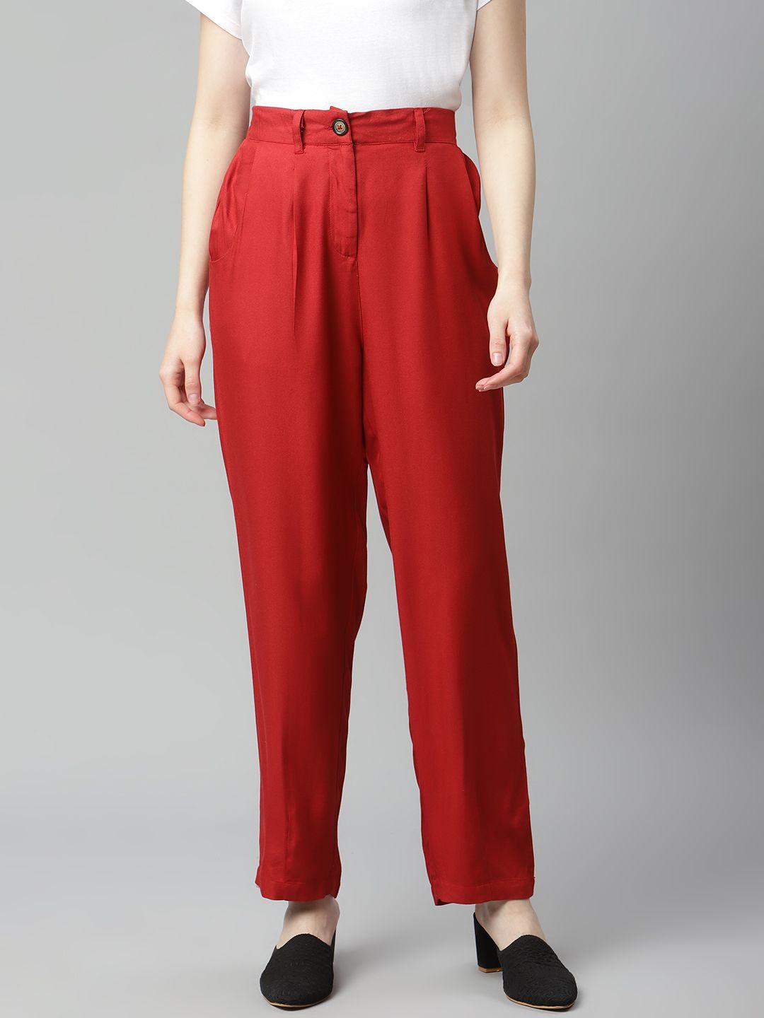 pluss women red solid regular trousers