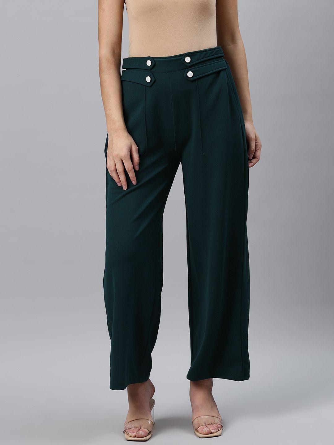 pluss women teal green straight fit solid parallel trousers