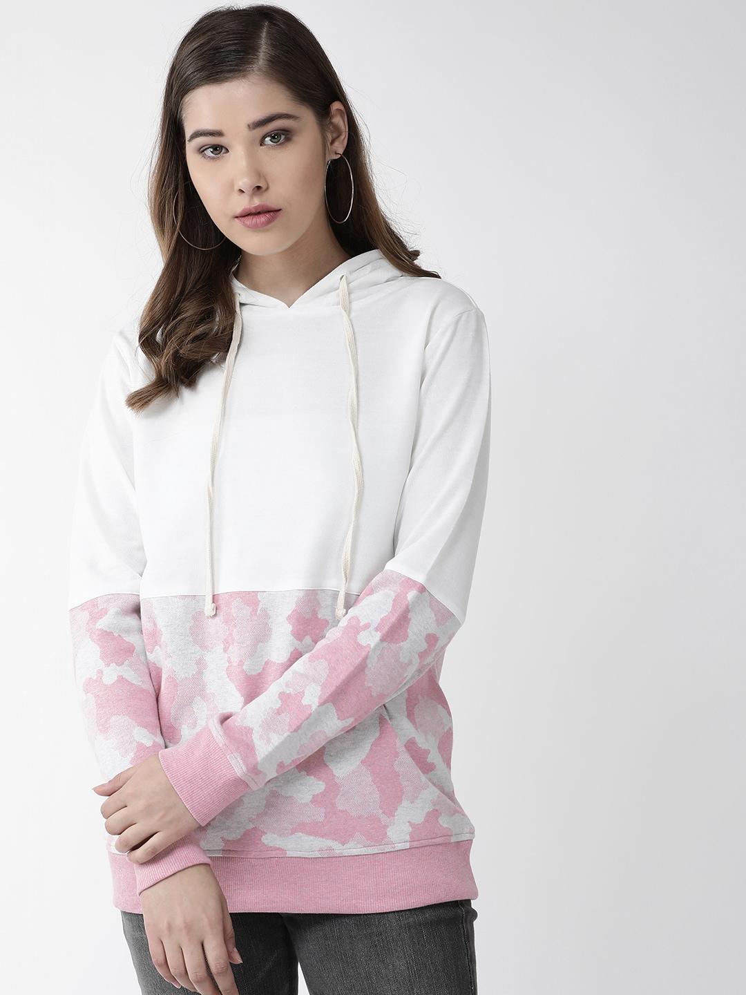 pluss women white & pink colourblocked hooded sweatshirt