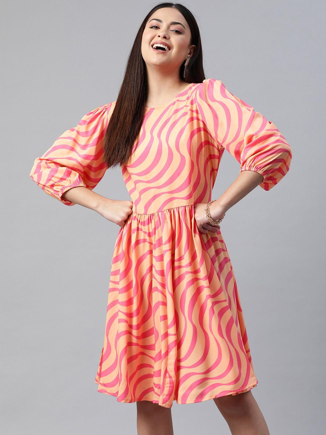 pluss abstract print belted detail a-line dress