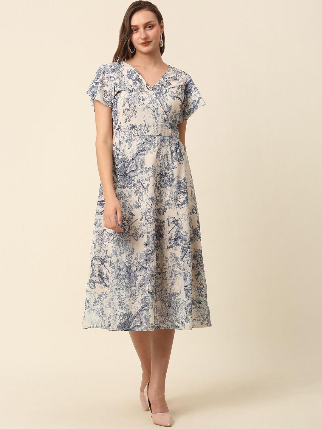 pluss beige conversational printed flutter sleeves a-line midi dress