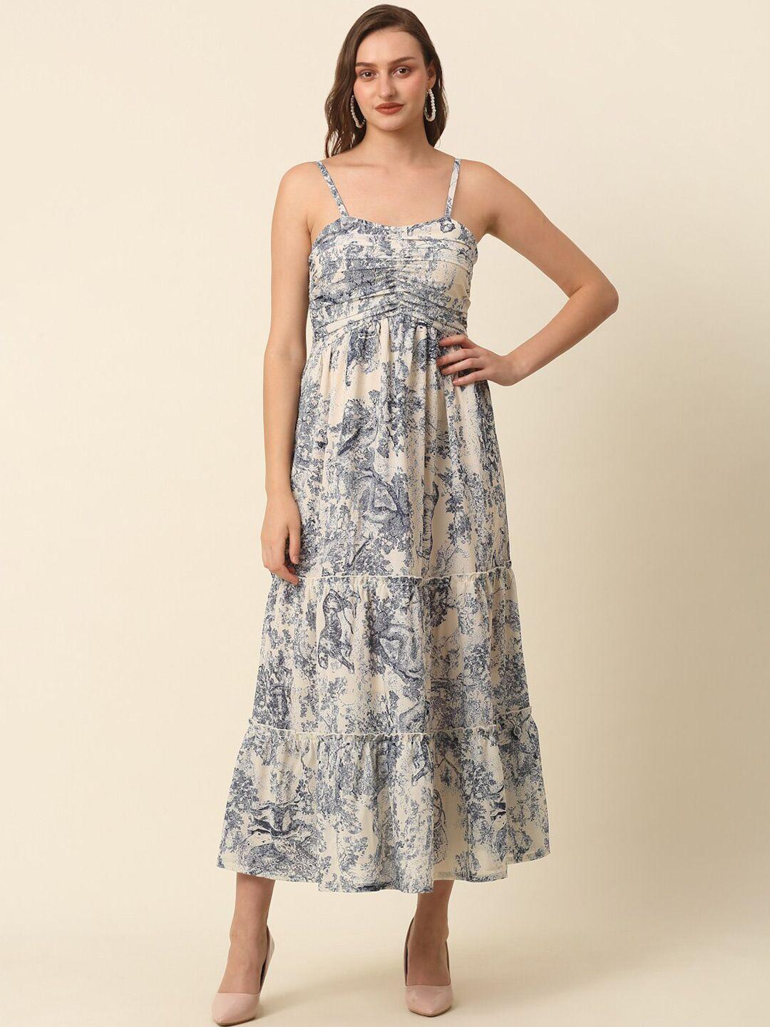 pluss beige conversational printed shoulder straps tiered fit & flare maxi dress