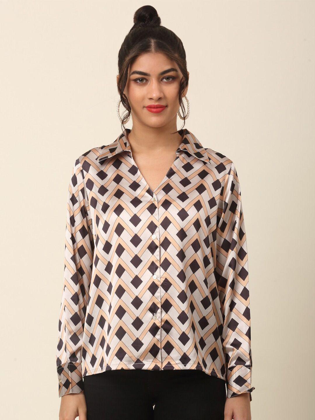 pluss beige geometric printed casual shirt