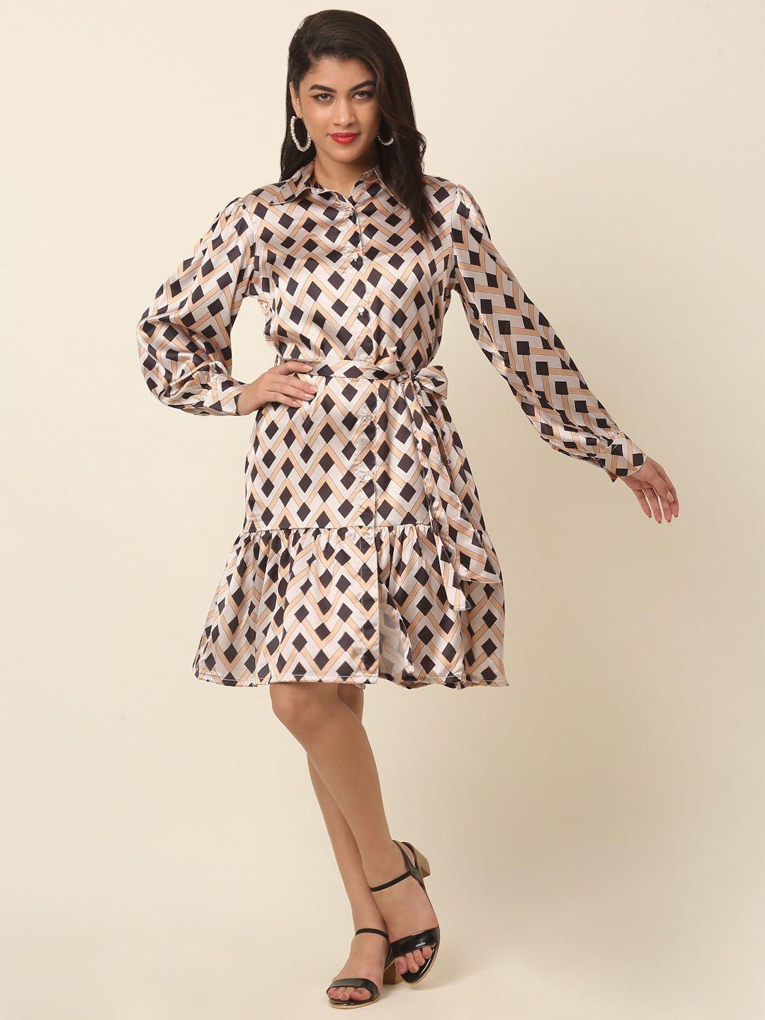 pluss beige polka dot print puff sleeve fit & flare dress