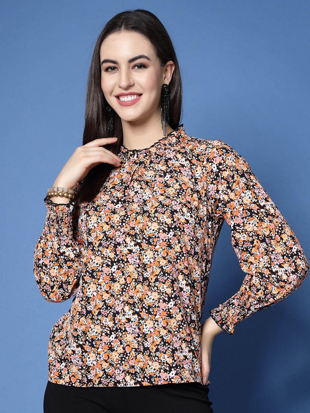 pluss black & orange-coloured floral printed high neck smocked regular top