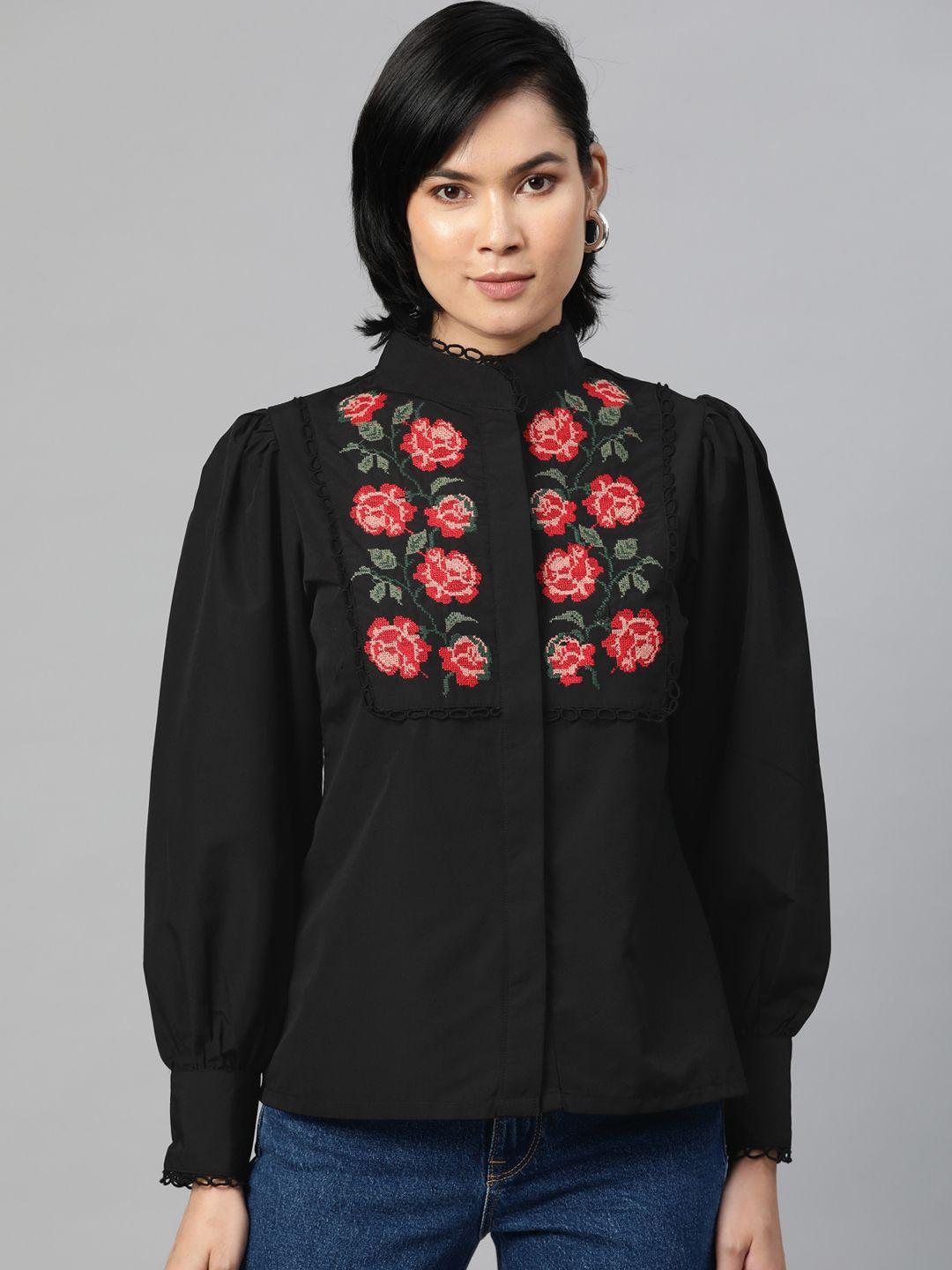 pluss black & red floral embroidered mandarin collar shirt style top
