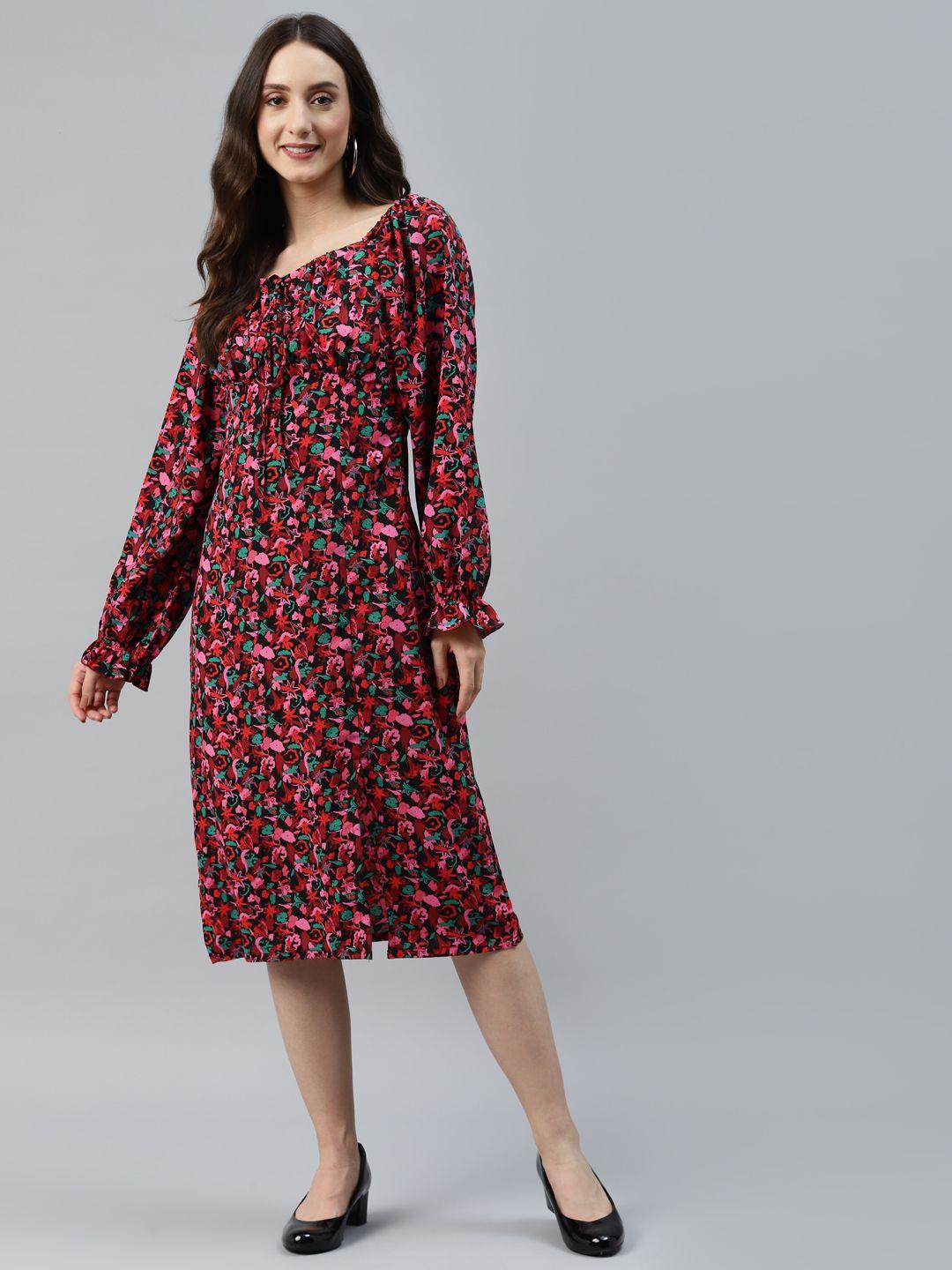 pluss black & red floral print tie-up neck a-line midi dress