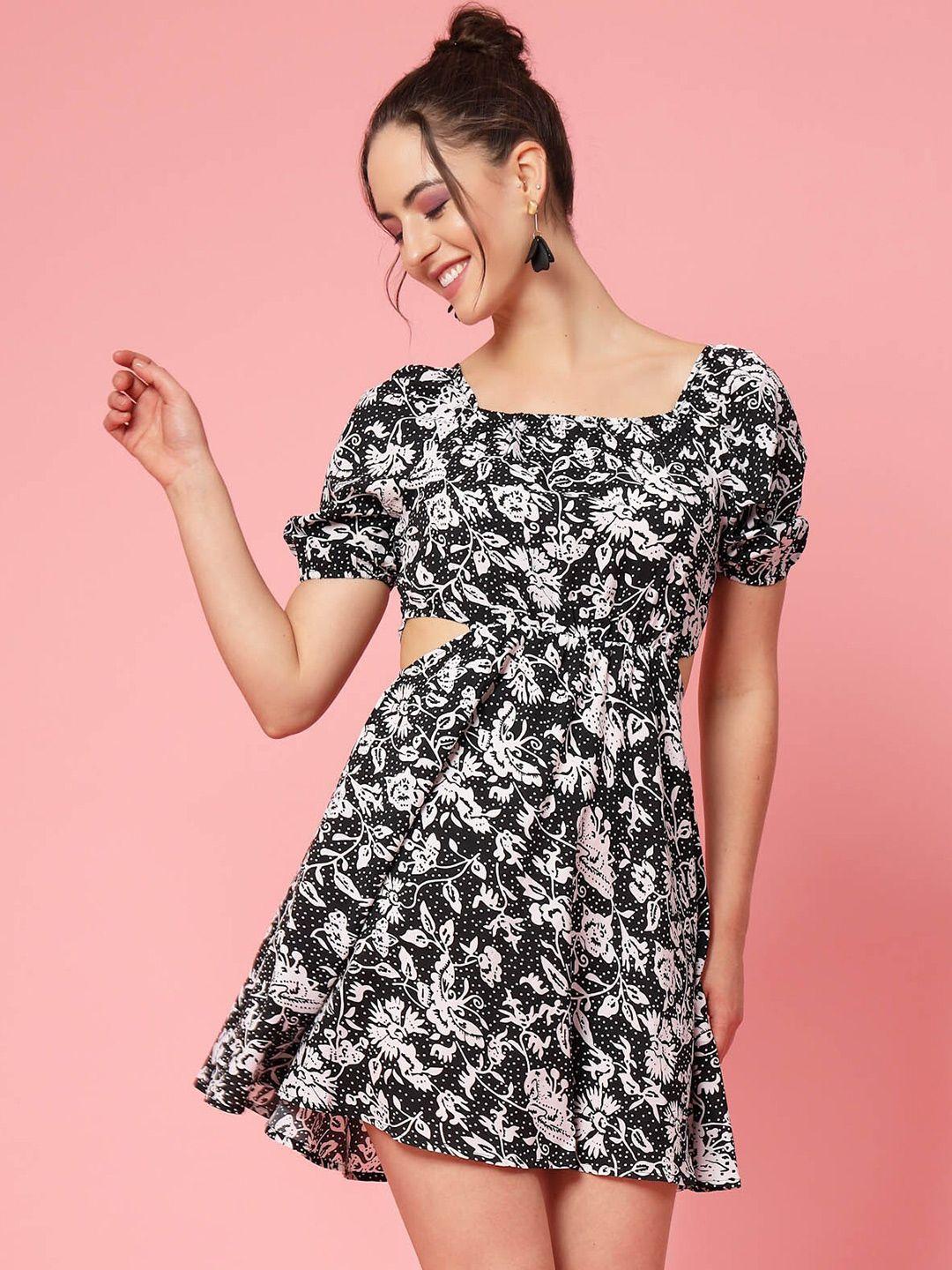 pluss black & white floral printed puff sleeve cut out monochrome fit & flare dress