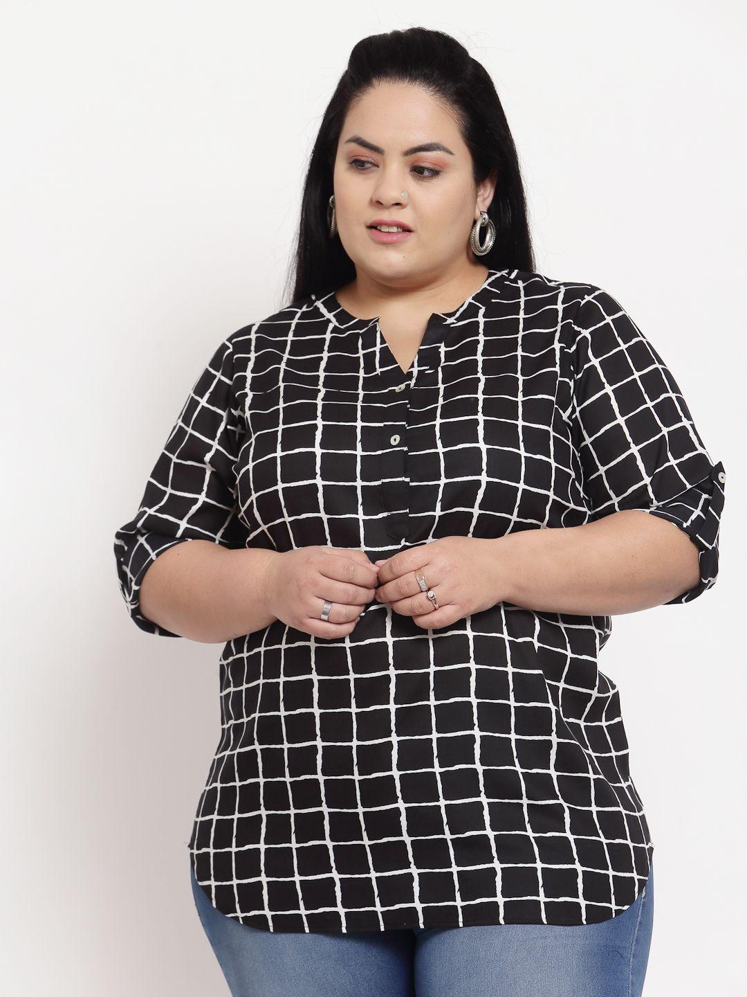pluss black checked roll-up sleeves shirt style top