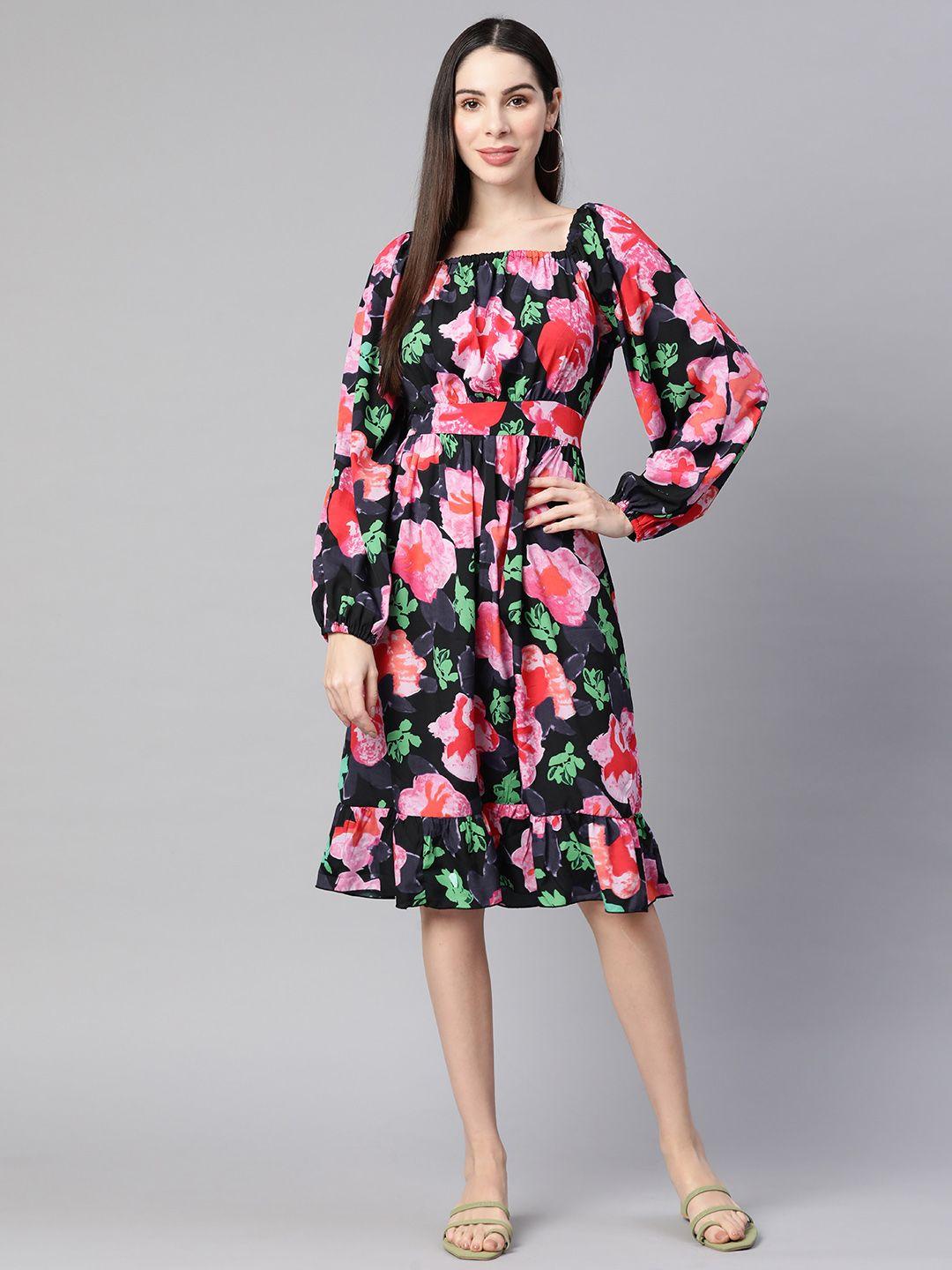 pluss black floral printed fit & flare dress