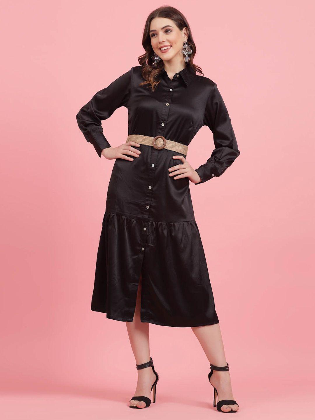 pluss black shirt collar a-line midi dress