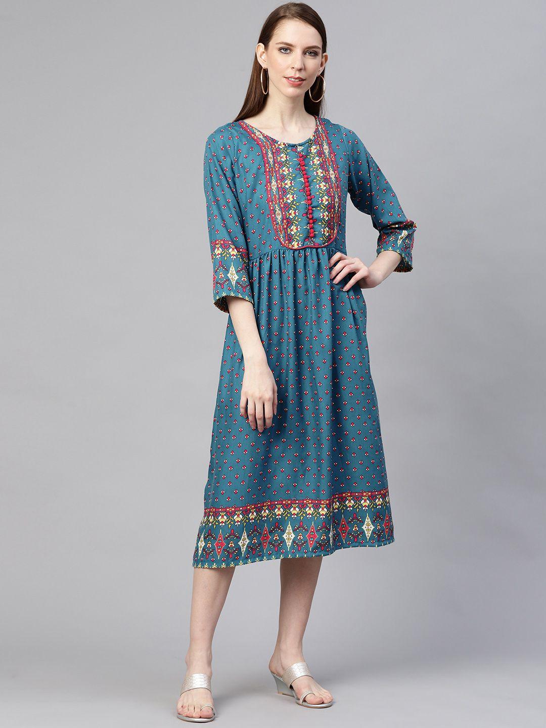 pluss blue & pink ethnic motifs ethnic a-line midi dress