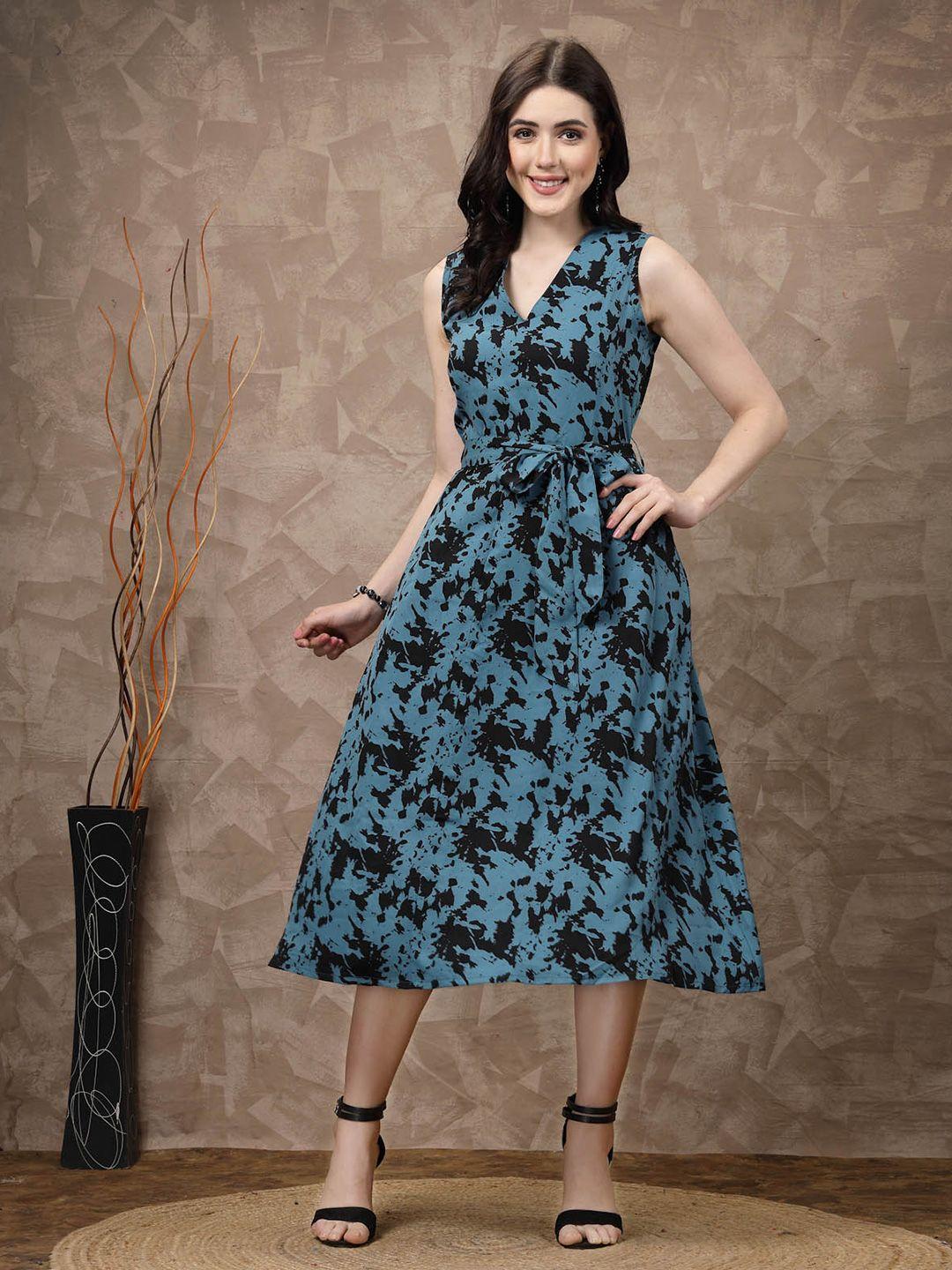 pluss blue abstract printed gathered a-line midi dress