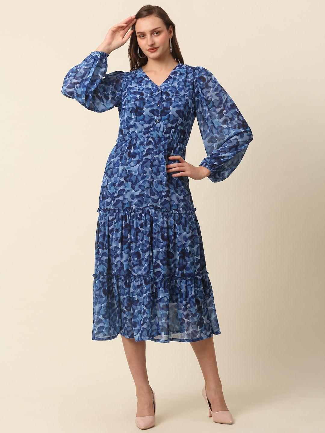 pluss blue abstract printed puff sleeve tiered fit & flare midi dress