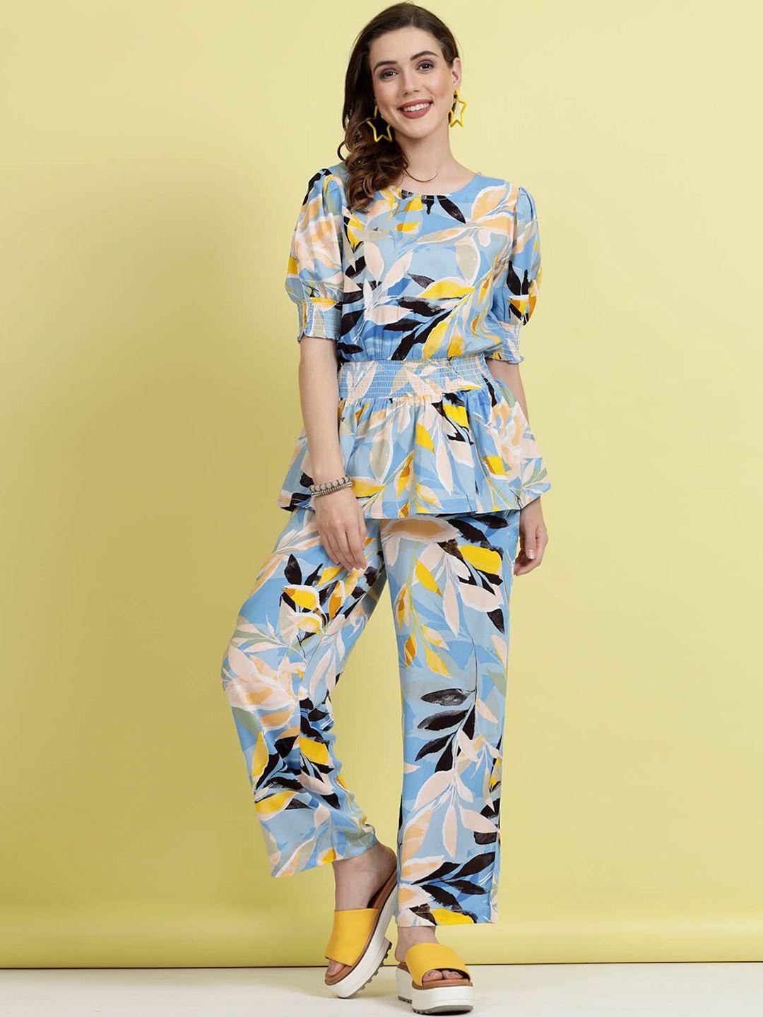 pluss blue abstract printed top & trouser