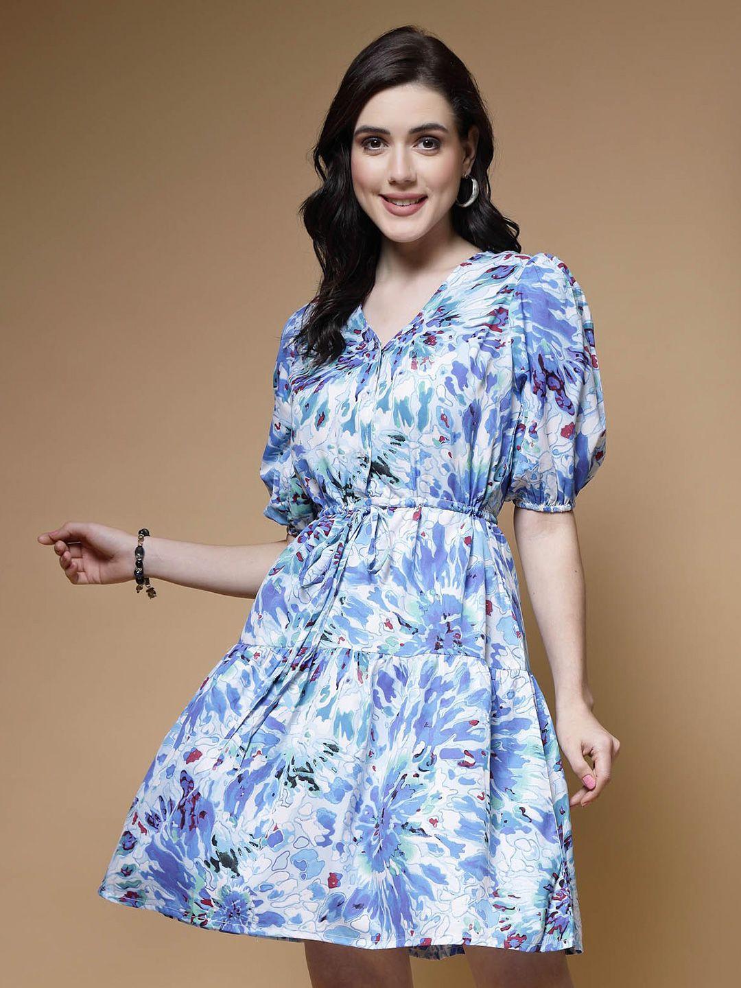 pluss blue floral pinted puff sleeves gathered fit & flare dress