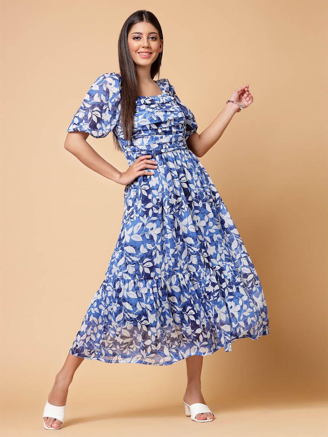 pluss blue floral print cold-shoulder fit & flare midi dress