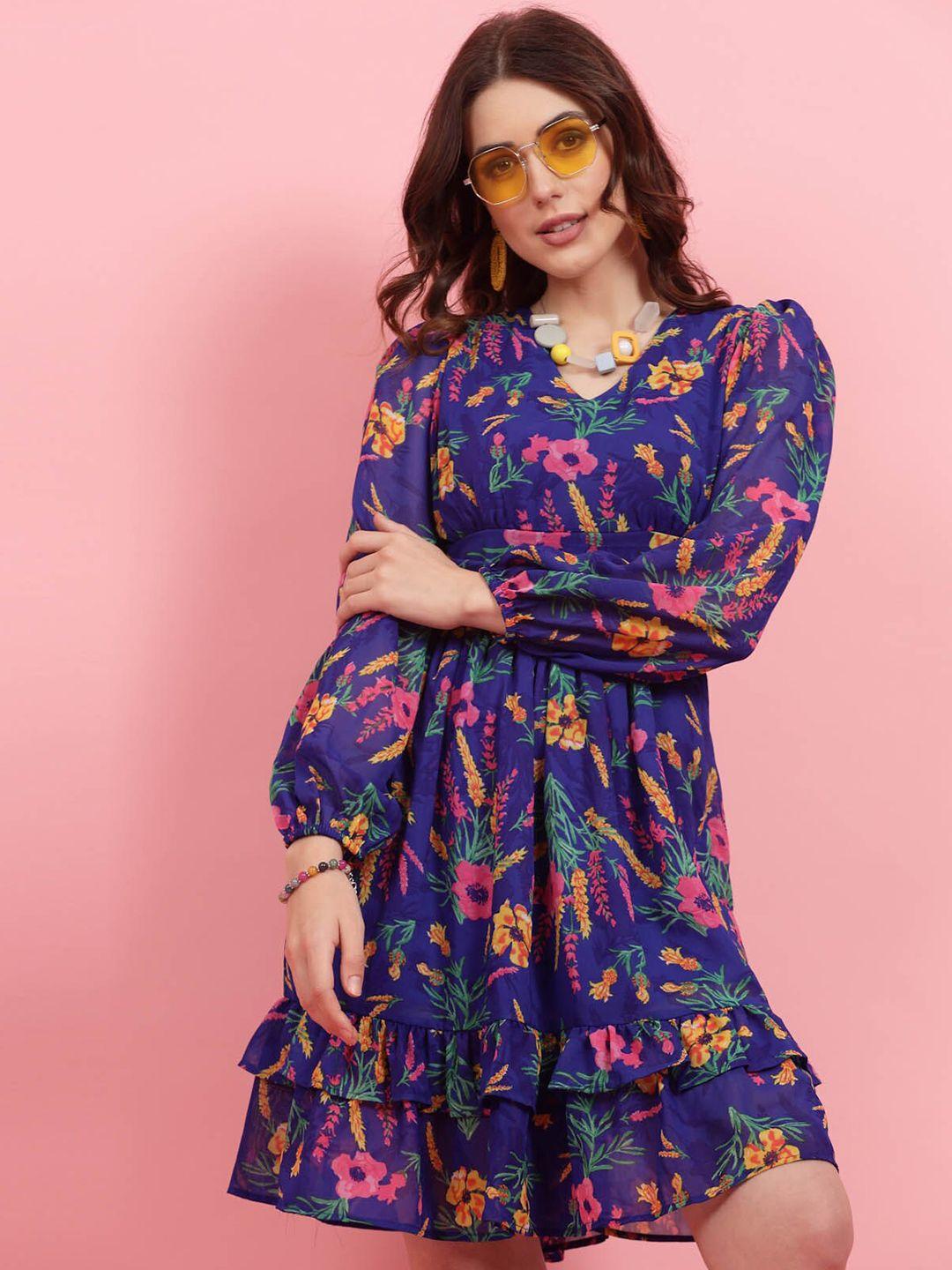 pluss blue floral printed gathered fit & flare dress