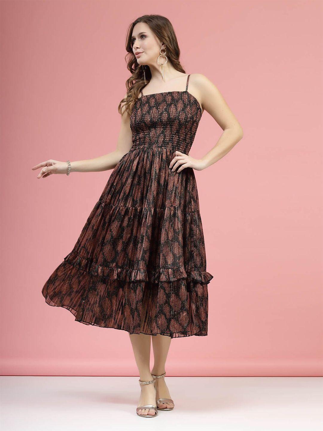 pluss brown & black ethnic motifs printed smocked tiered a-line dress