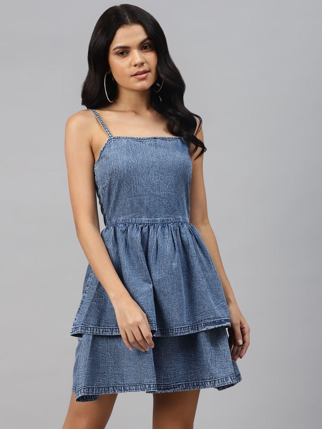 pluss calm blue solid retro denim dress