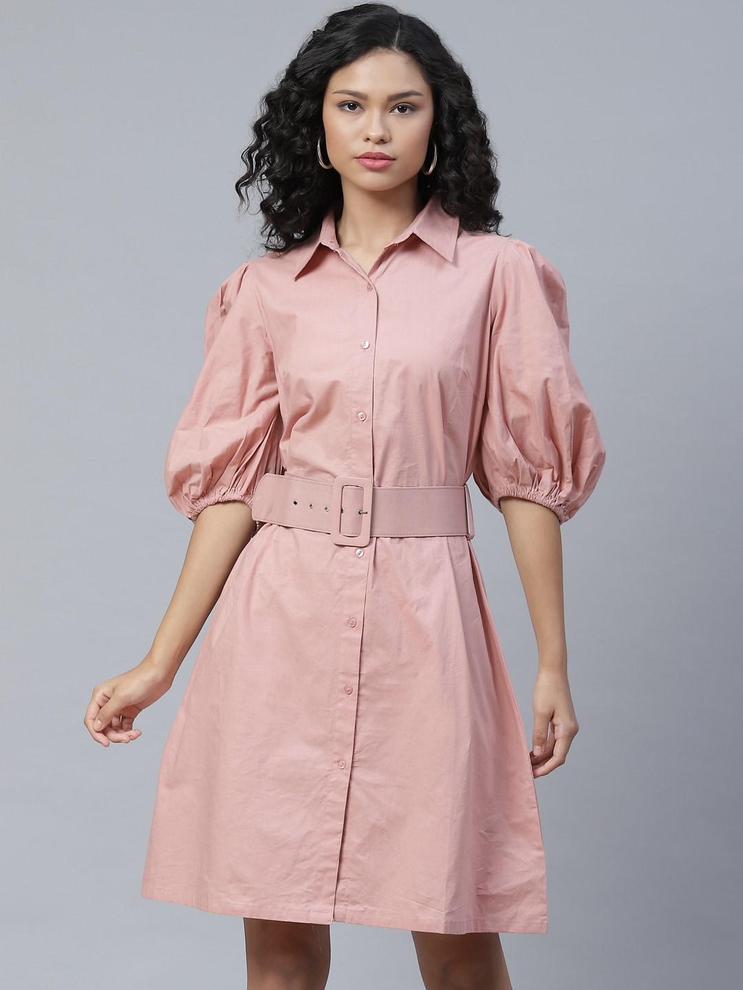 pluss calm pink solid retro shirt dress