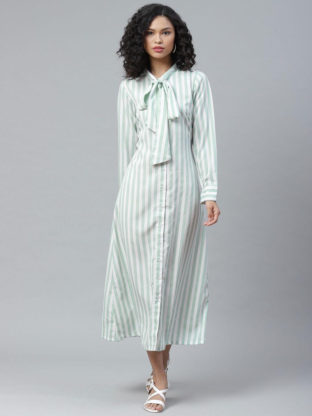 pluss catchy white and green striped midi shirt dress