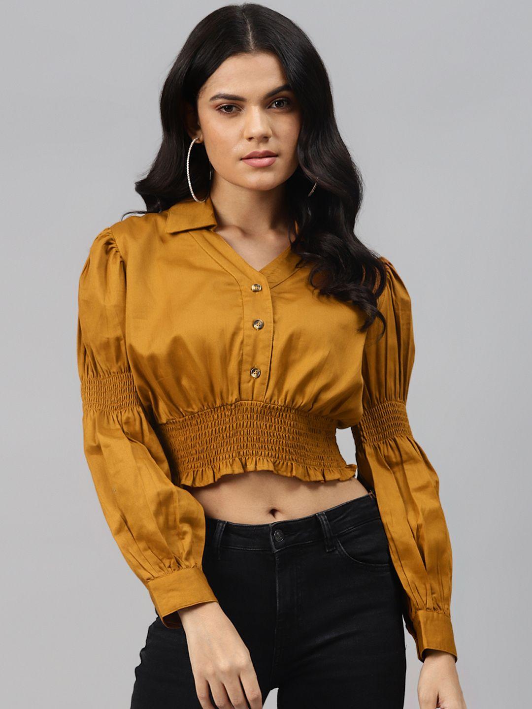 pluss classic mustard solid smocked crop top