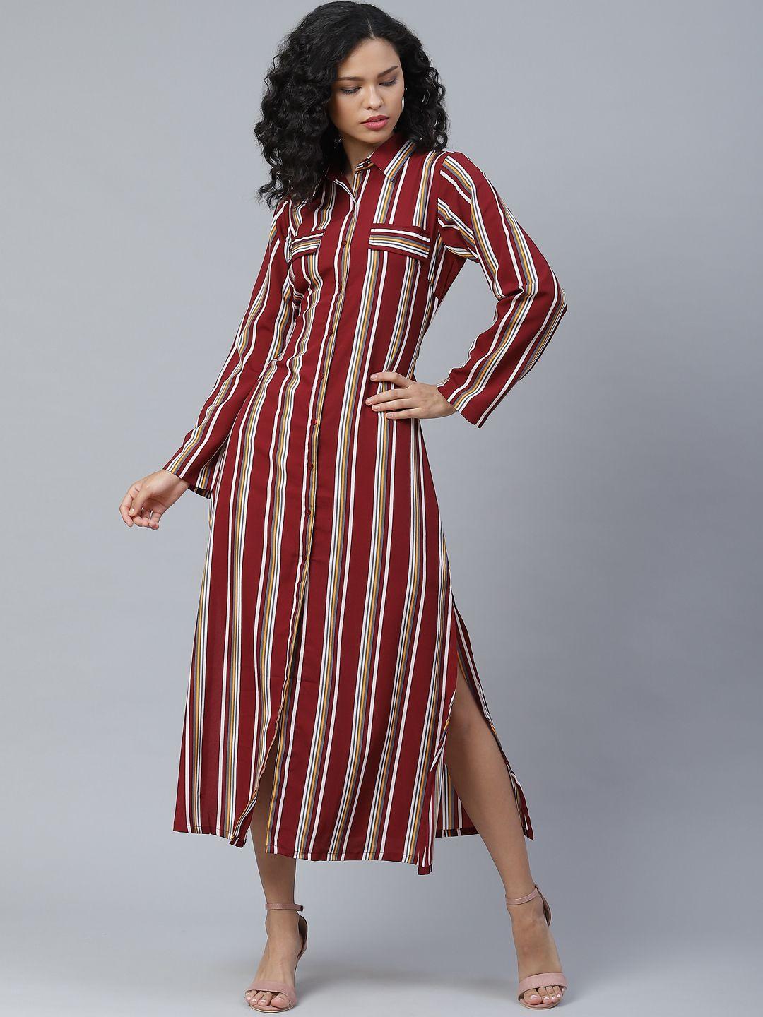 pluss classy maroon and off-white striped shirt dress