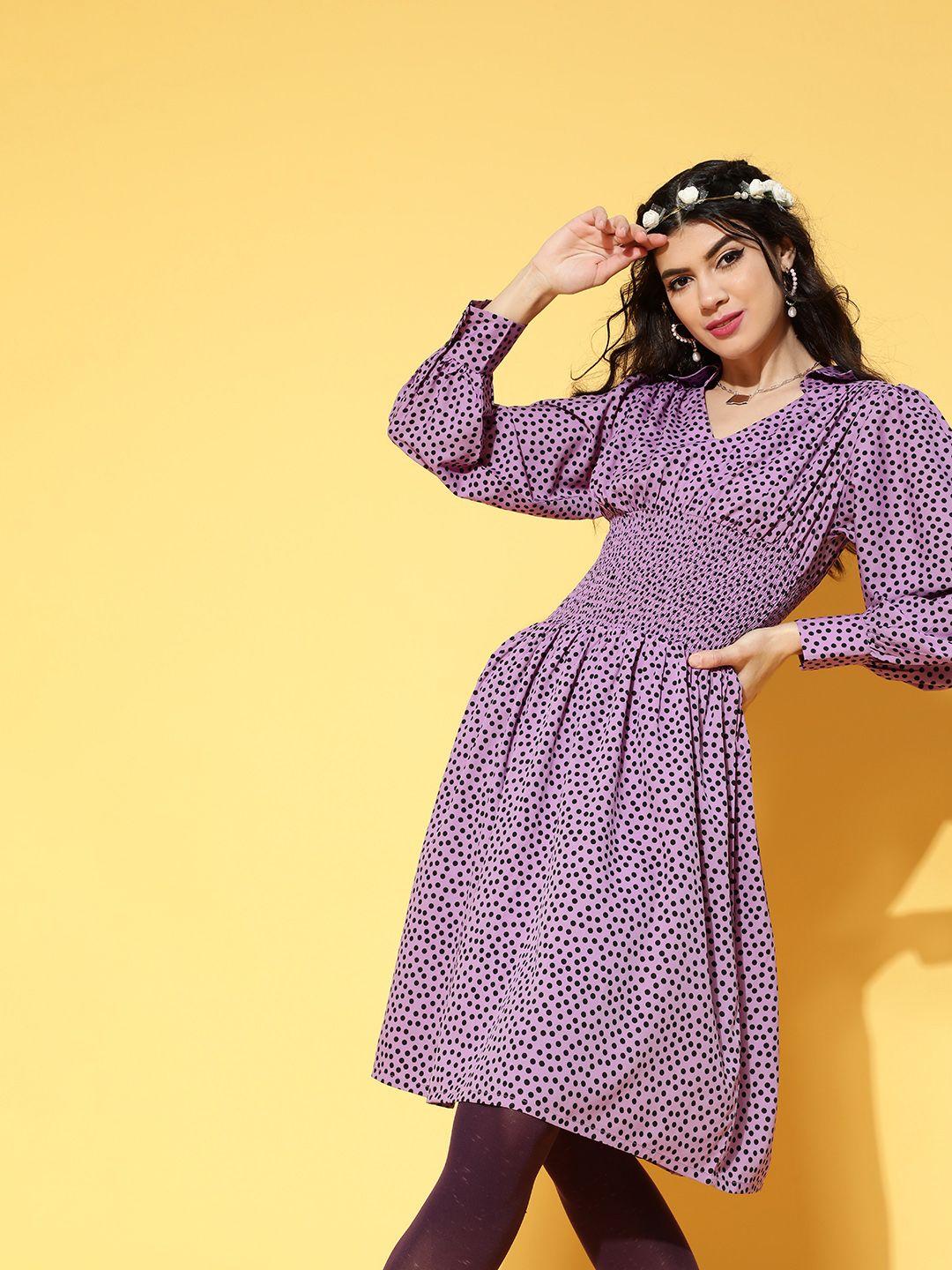 pluss elegant mauve polka dots cinched waist dress