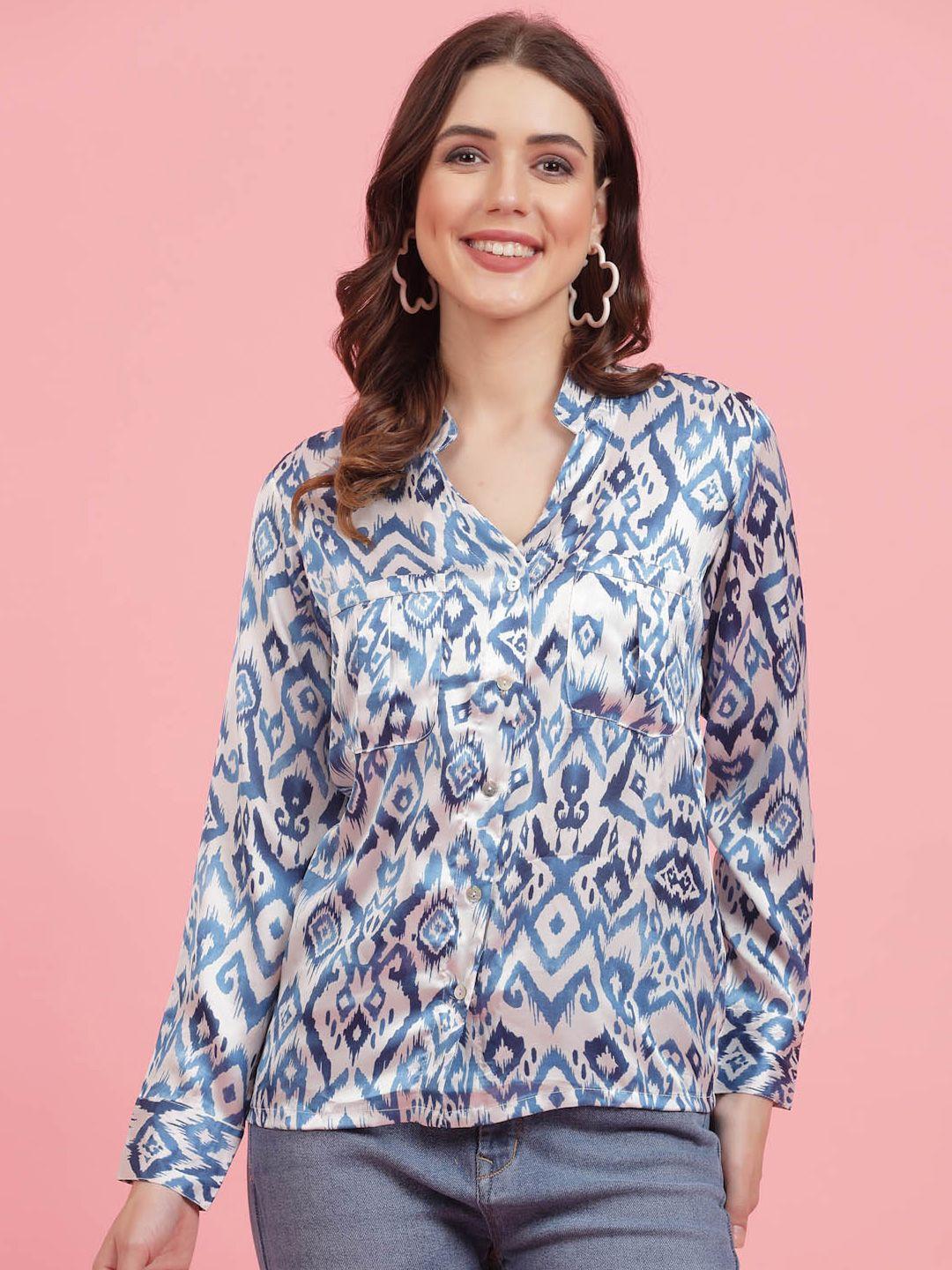 pluss ethnic motifs printed mandarin collar cuffed sleeves shirt style top