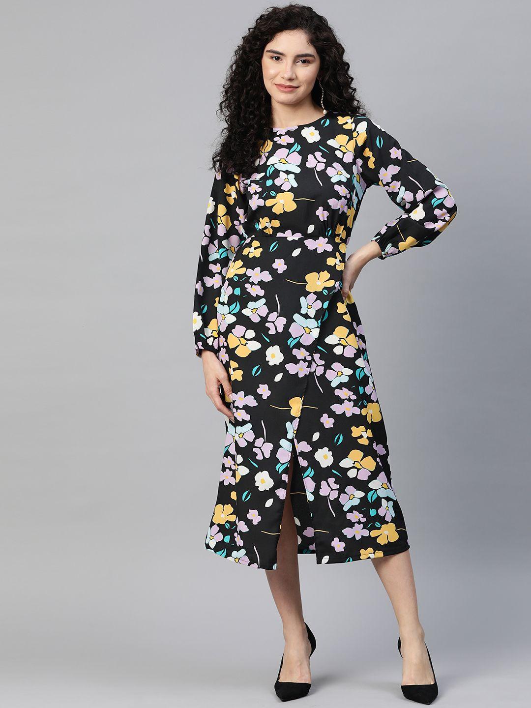 pluss floral print puff sleeve a-line midi dress