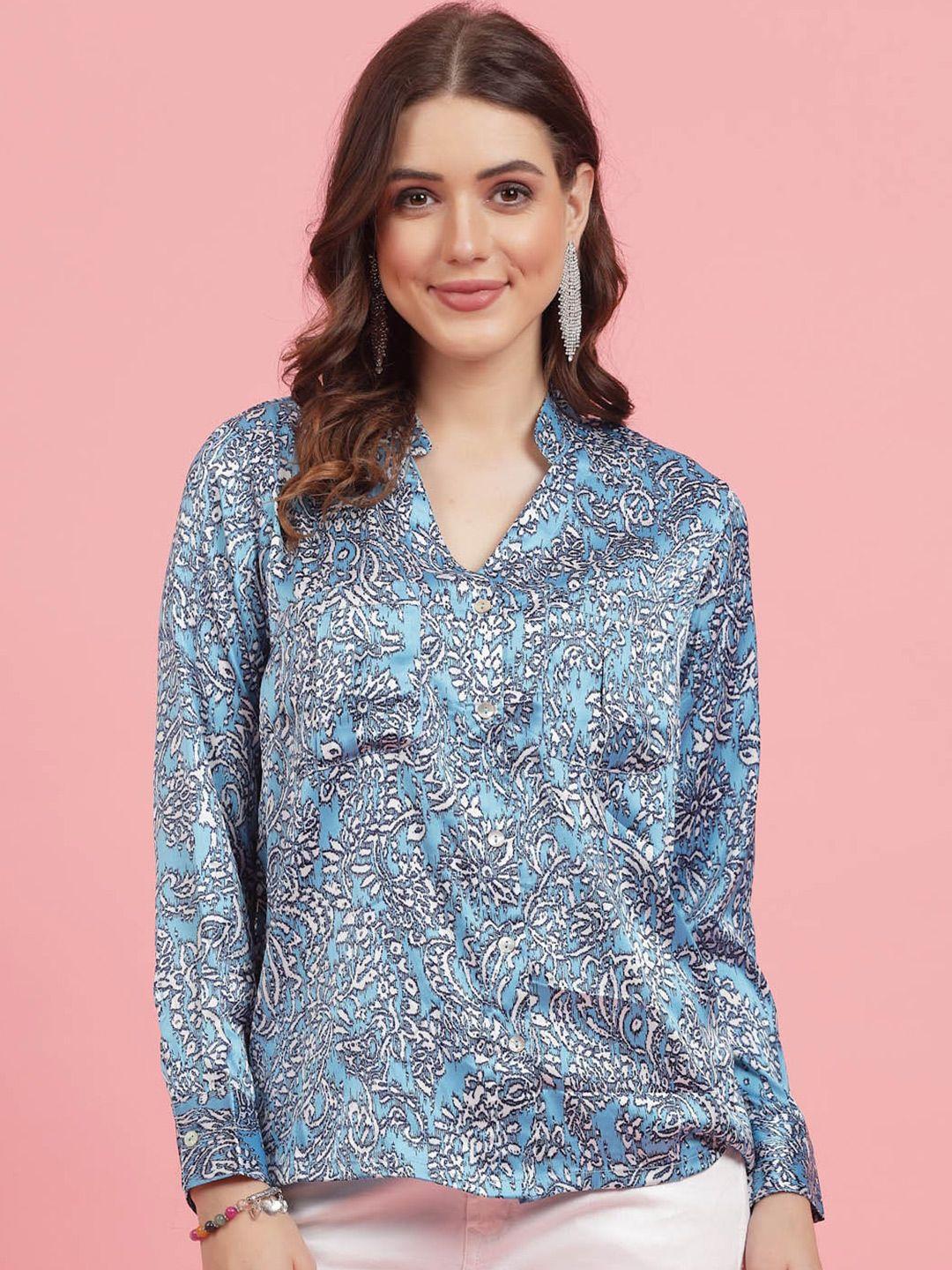 pluss floral printed mandarin collar cuffed sleeves shirt style top