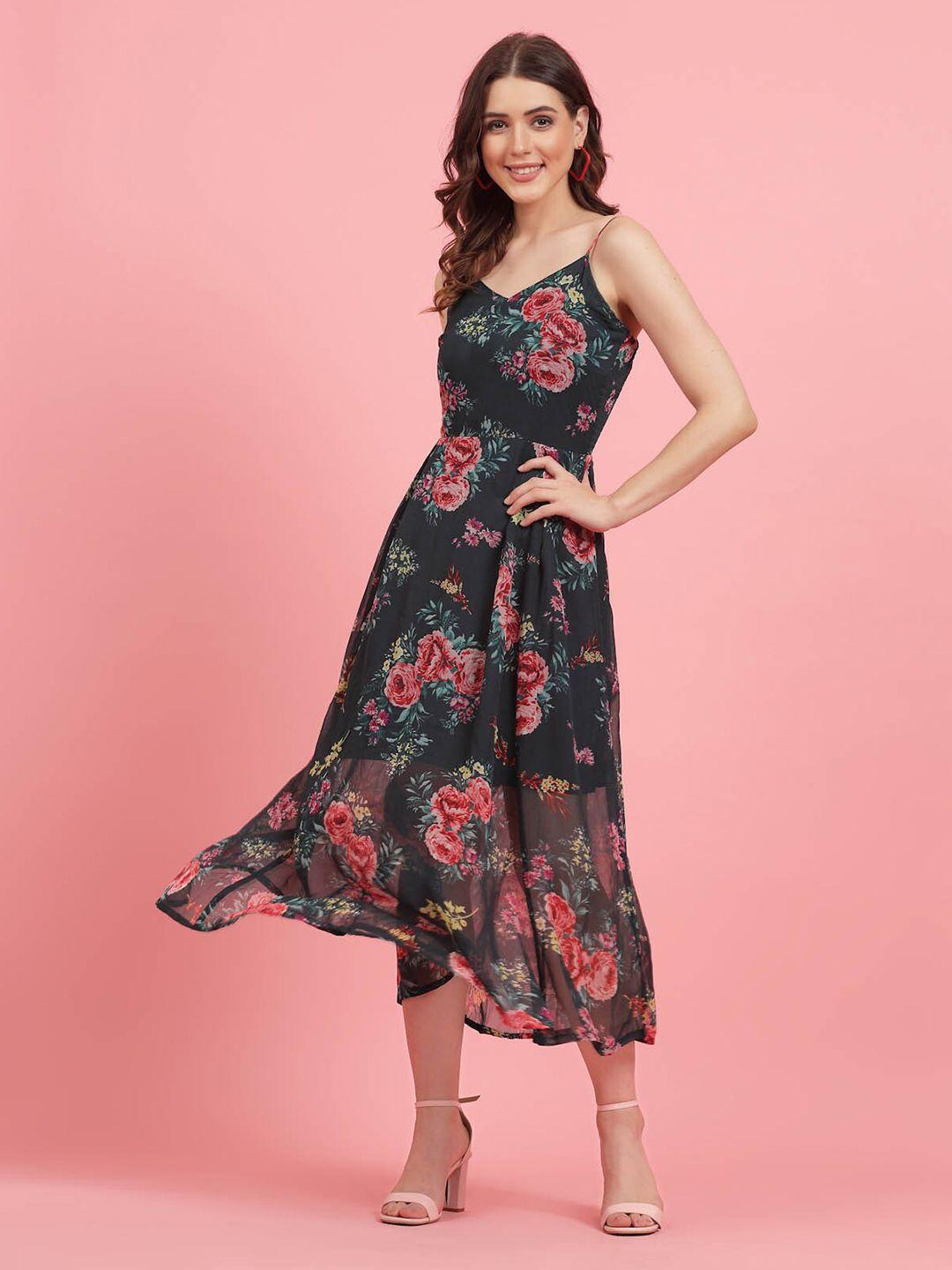 pluss floral printed shoulder straps fit and flare dress