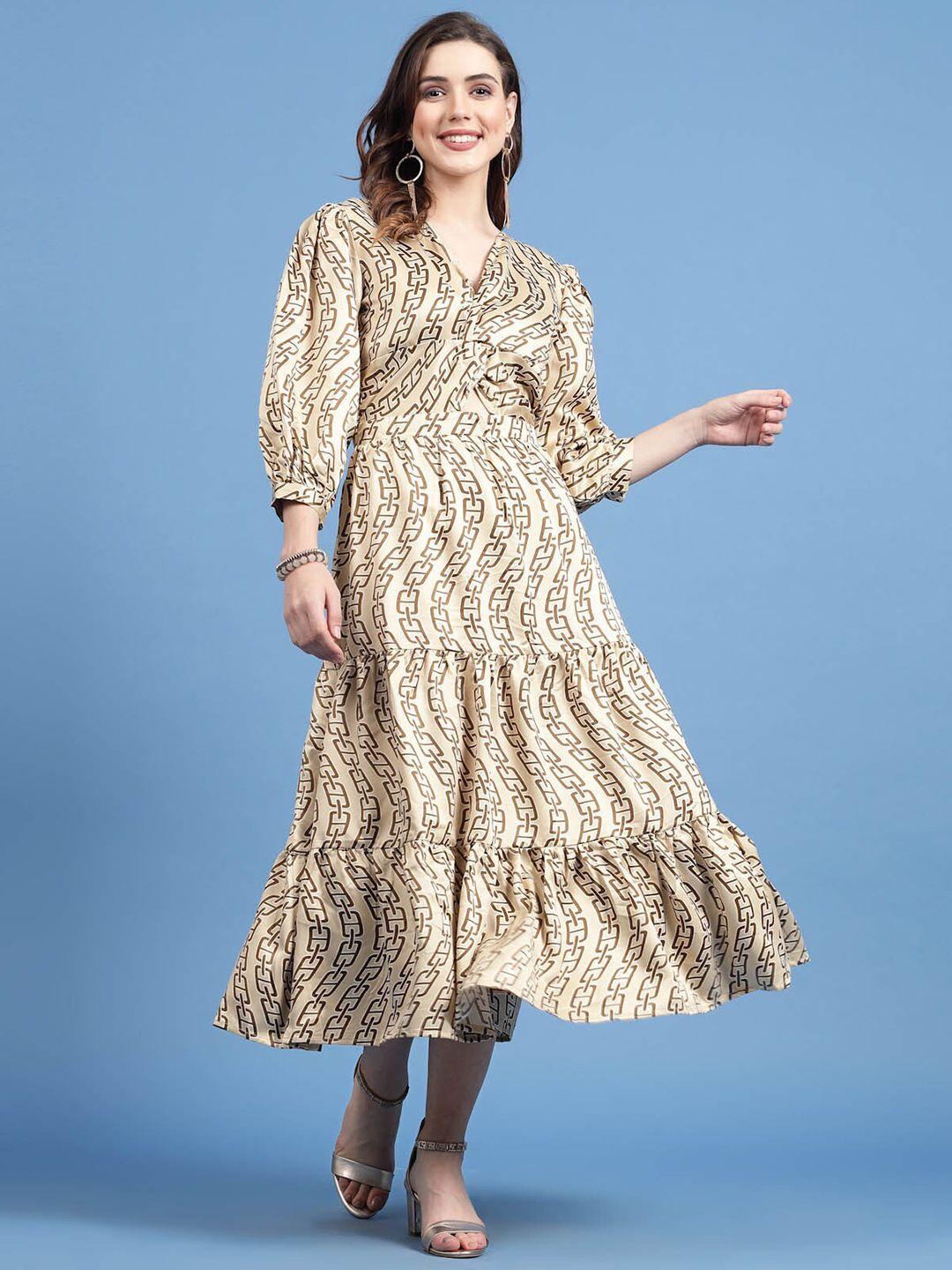 pluss geometric printed v-neck puff sleeve fit & flare dress