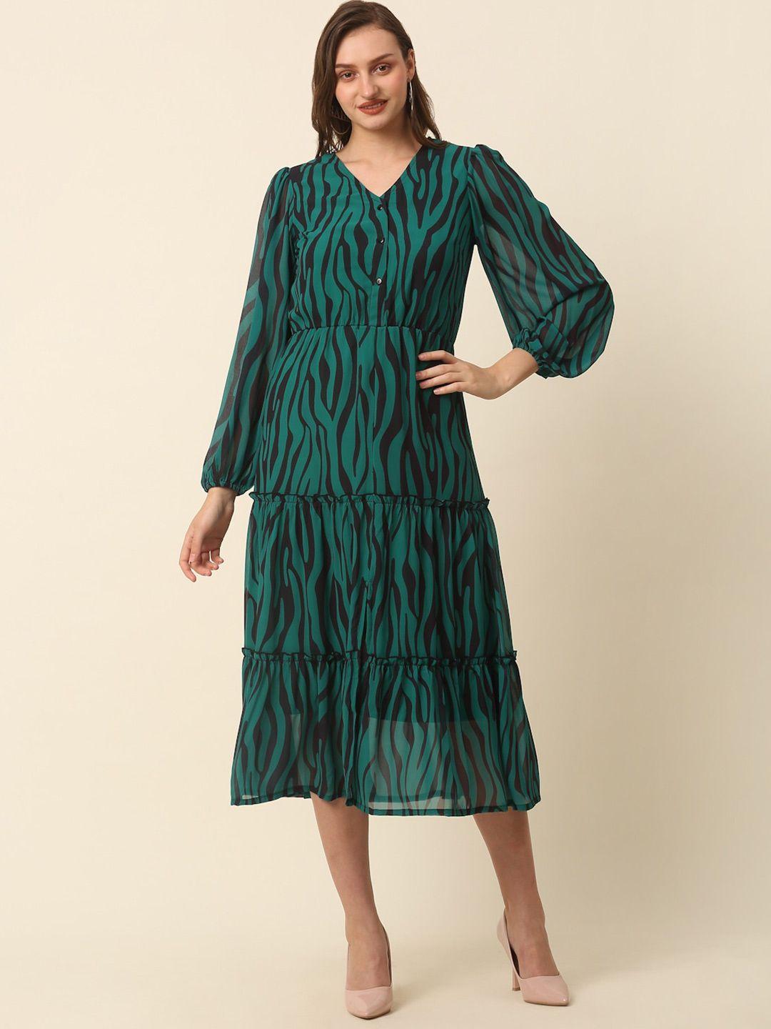 pluss green abstract printed puff sleeve tiered fit & flare midi dress
