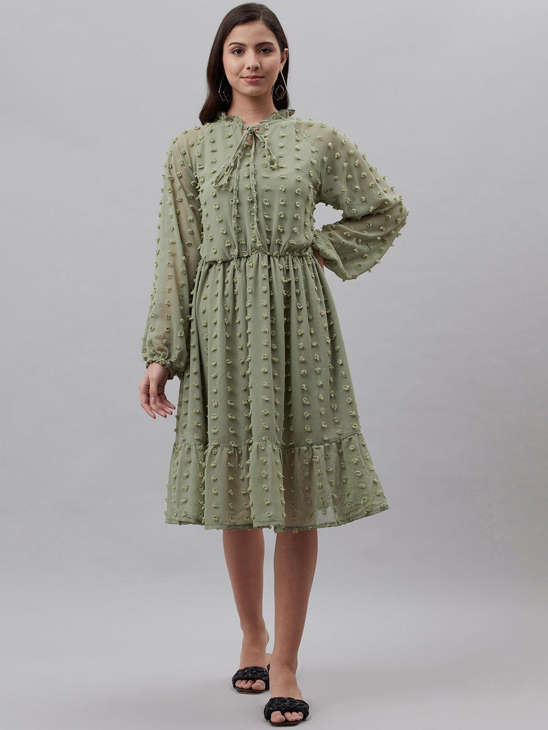 pluss green dobby weave tie-up neck a-line dress