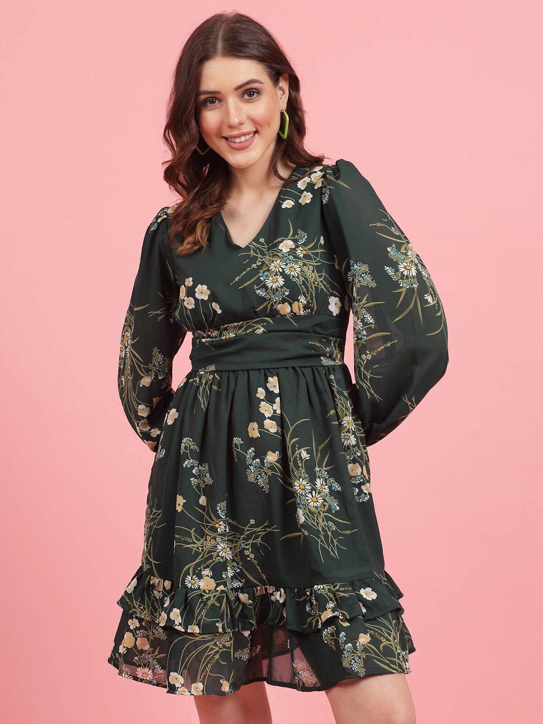 pluss green floral printed puff sleeves gathered a-line dress