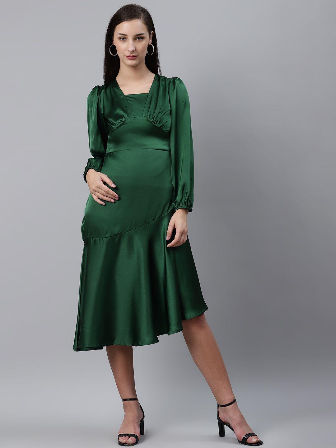 pluss green pleated solid midi a-line dress