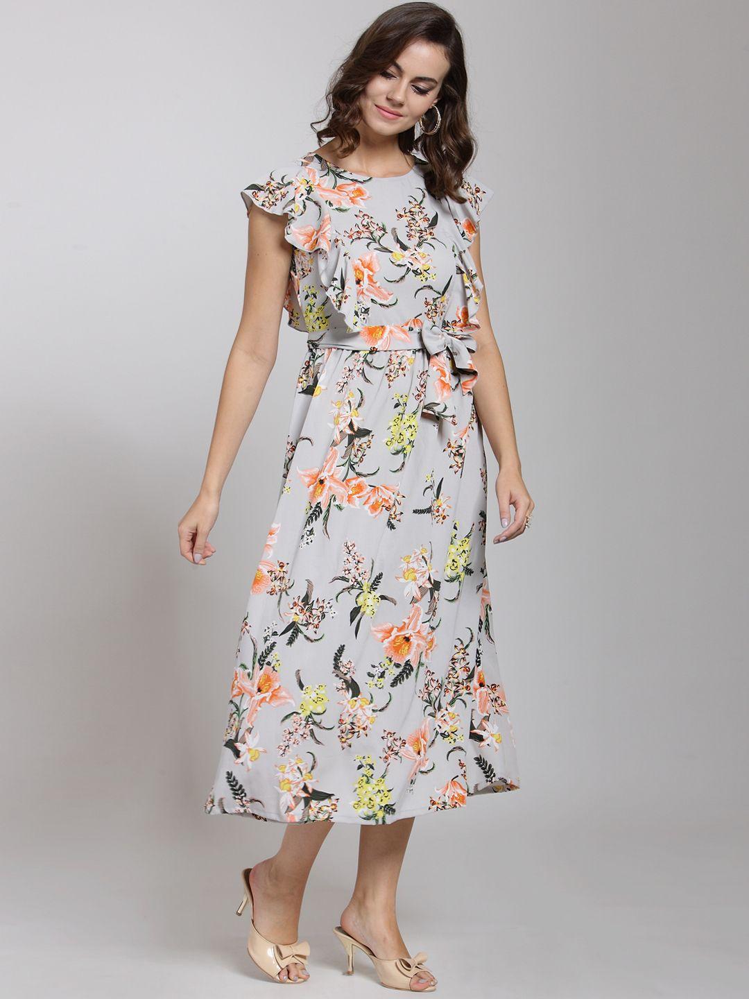 pluss grey floral printed fit and flare dress