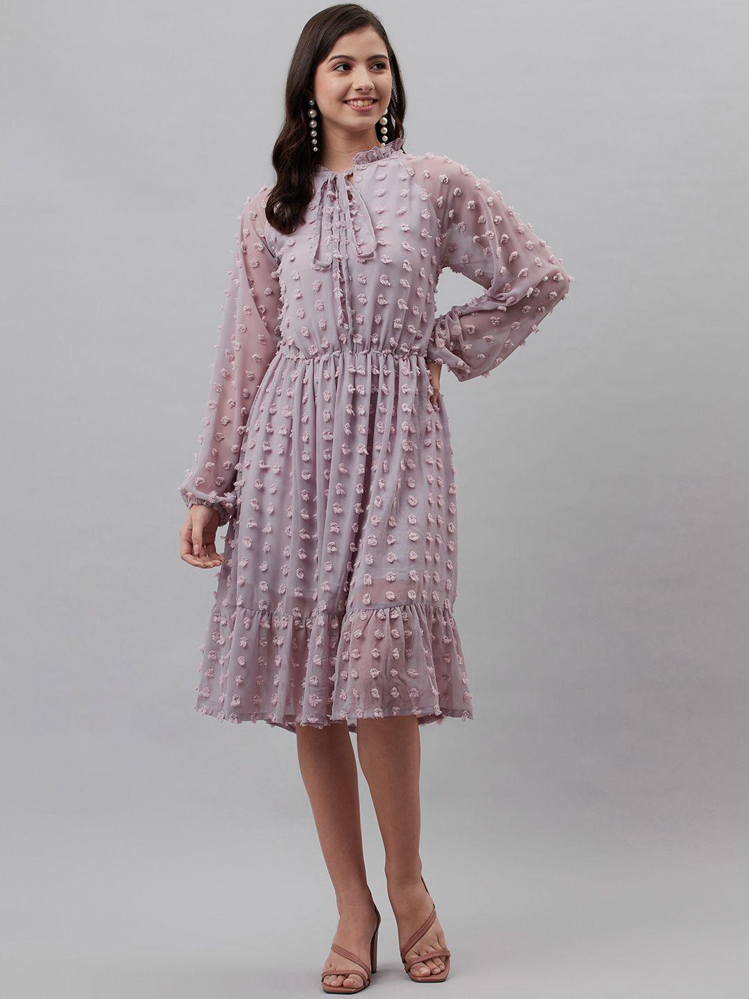 pluss lavender dobby weave tie-up neck a-line dress