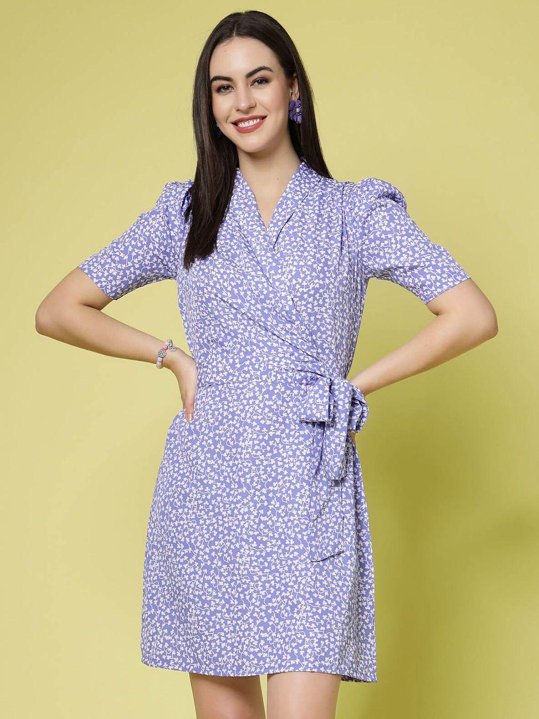 pluss lavender floral printed shirt collar warp dress