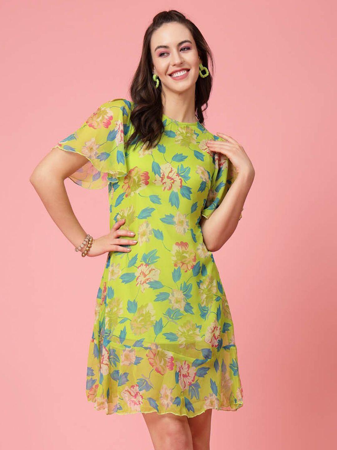 pluss lime green floral printed bell sleeves a-line dress