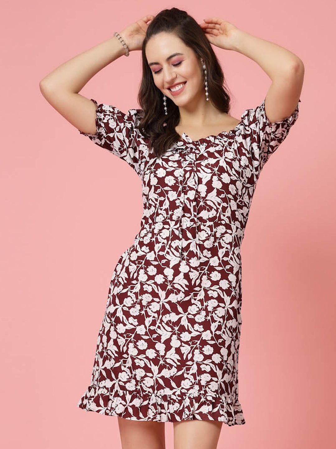 pluss maroon & white floral printed puff sleeves ruffles detail a-line dress