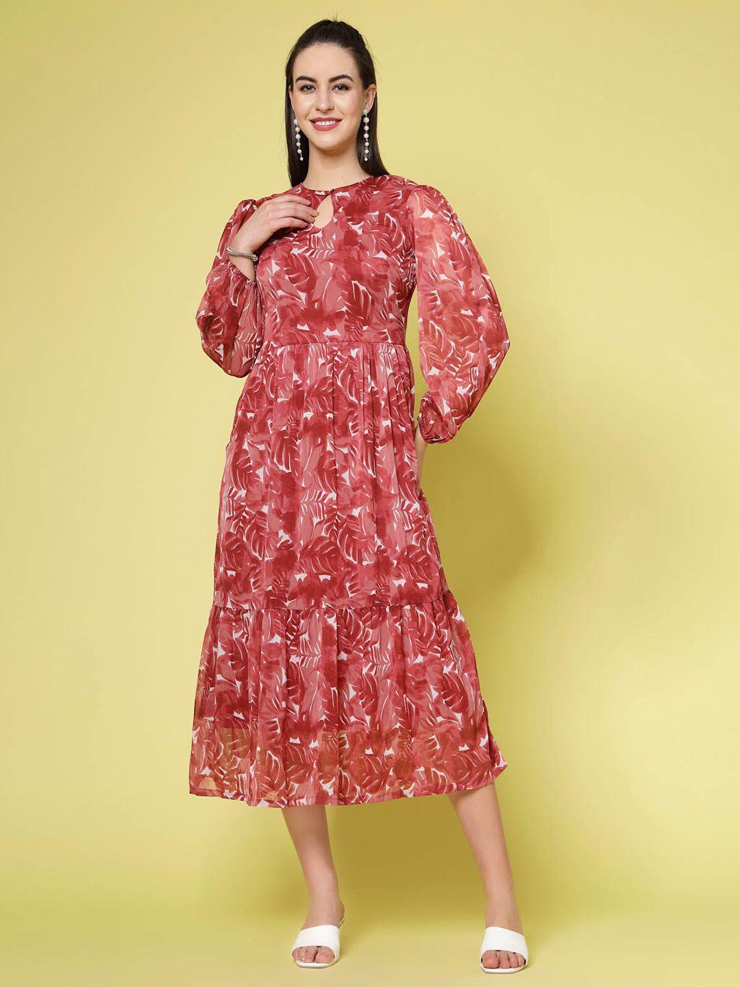 pluss maroon floral printed keyhole neck puff sleeve tiered fit & flare midi dress