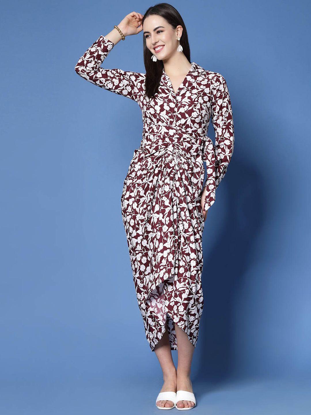 pluss maroon floral printed shirt collar gathered detailed warp midi dress